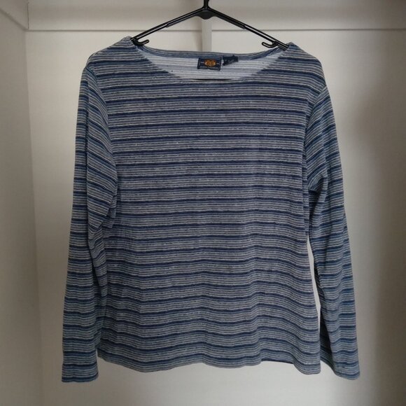 Vintage Route 66 Blue Striped Velour Long Sleeve Boatneck Top - Picture 1 of 4